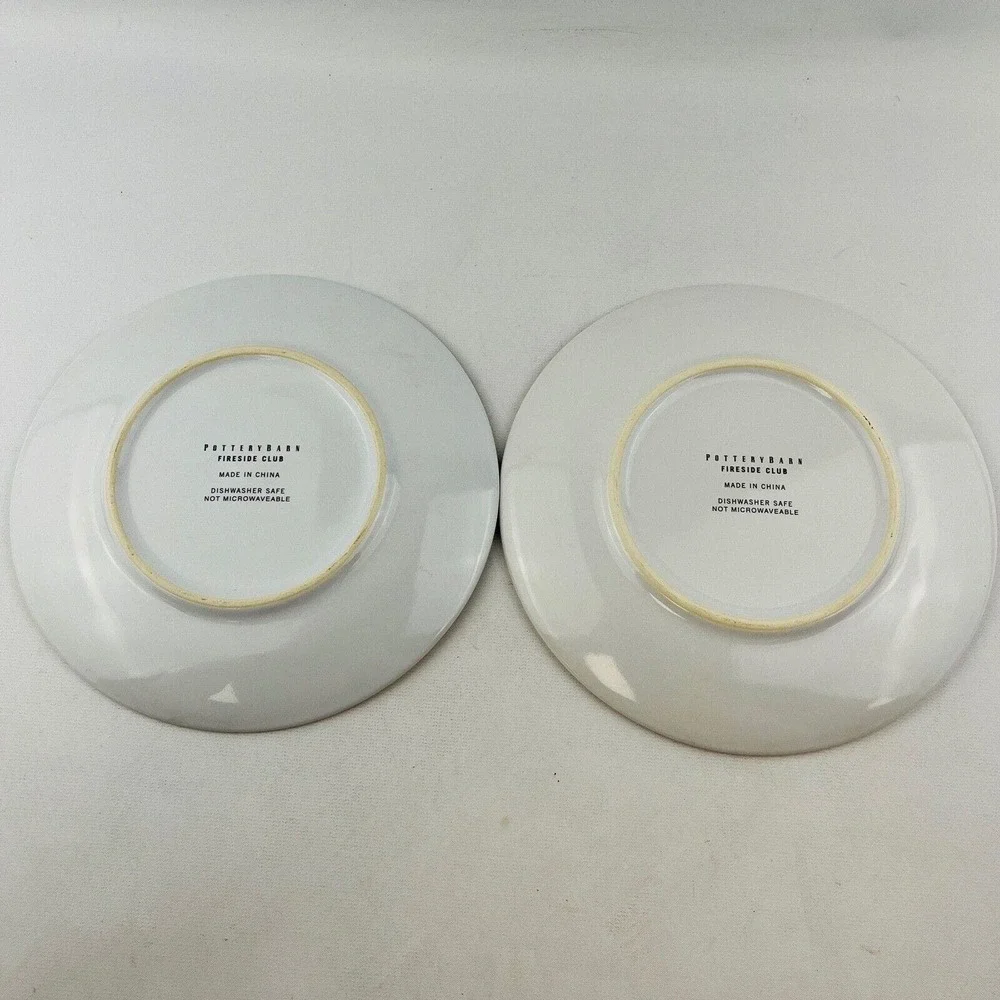 Pottery‎ Barn Simbatco Fireside Club 2 Salad Plate Lot Bat Cigar Box Stripe Trim